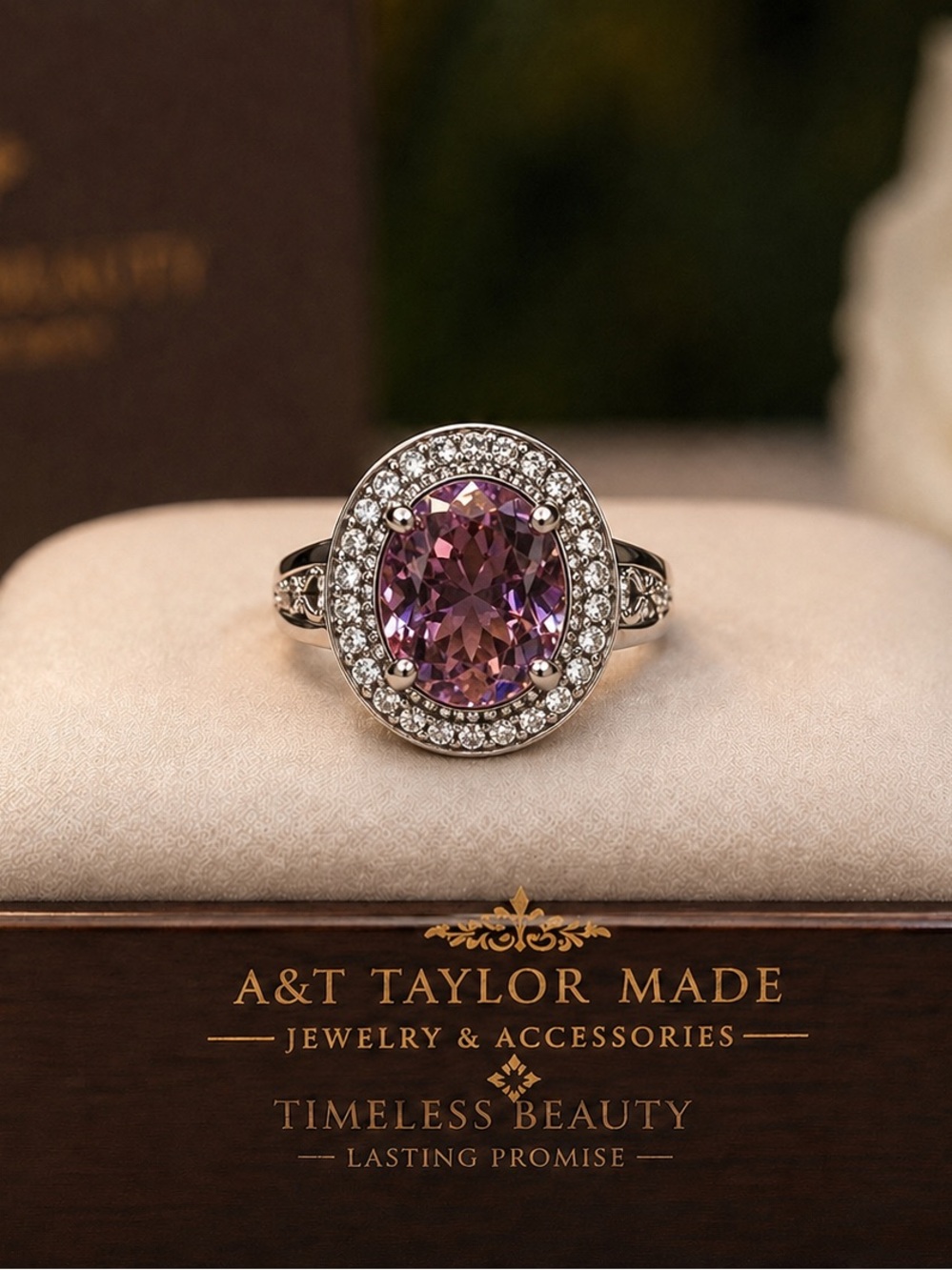 Silver Plated Ring with Large Pink  Center Stone and Crystal Halo